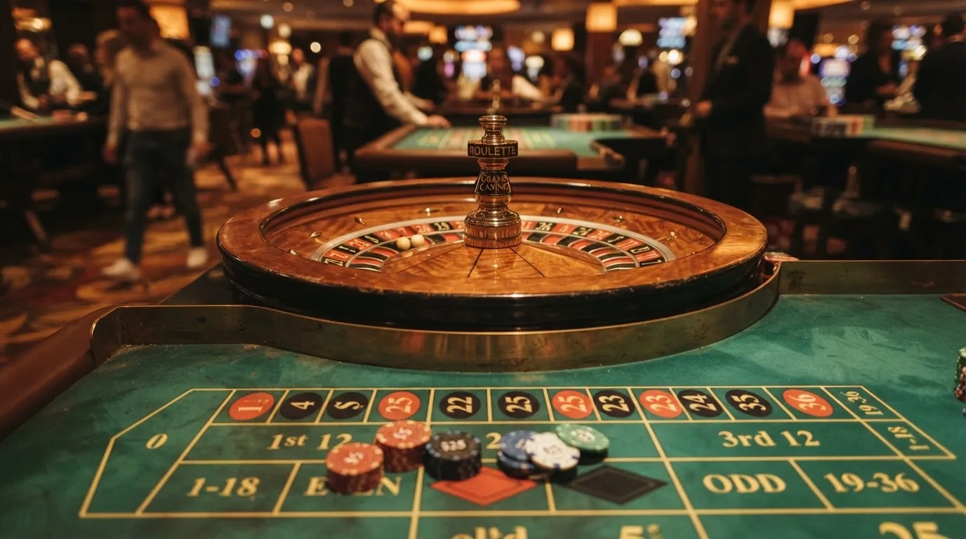 Rulettipyörä ja pelimerkit vihreällä huovalla lämpimässä iltavalossa — casino ventti