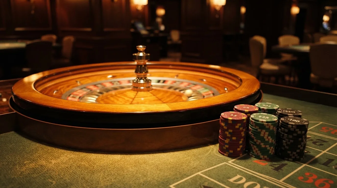 Rulettipyörä ja pelimerkit vihreällä huovalla lämpimässä iltavalossa — kolikkopelit casino pelit