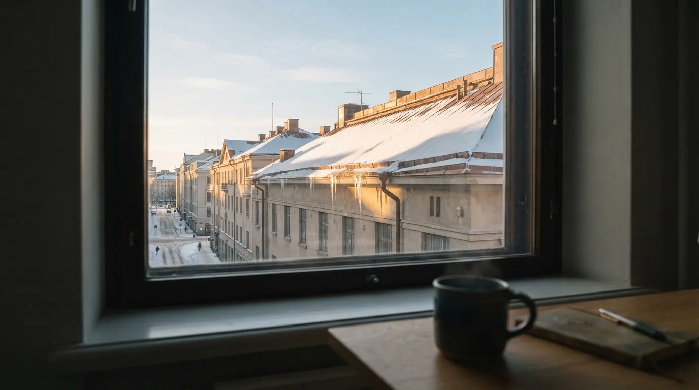 Toimistohuoneen ikkunasta näkyy maaliskuun aamu, lumi sulaa katolla auringonpaisteessa hiljaisella aamulla.