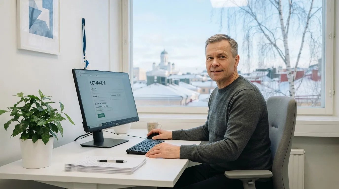 Virkailija istuu vaaleassa virastohuoneessa tietokoneen ääressä, ikkunasta näkyy talvinen kaupunkimaisema.