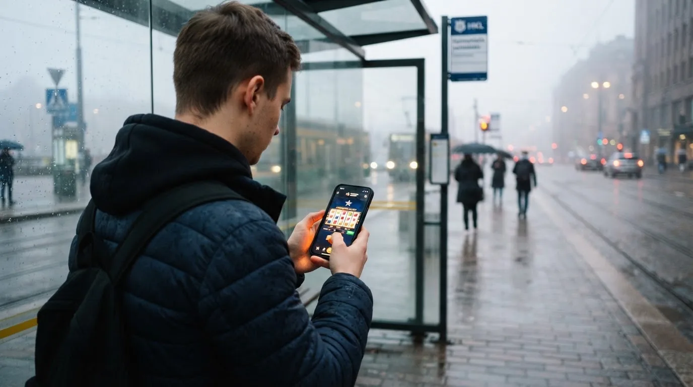 Nuori mies selaa älypuhelinta bussipysäkillä odottaessaan iltapäivällä, taustalla sumuinen katunäkymä.