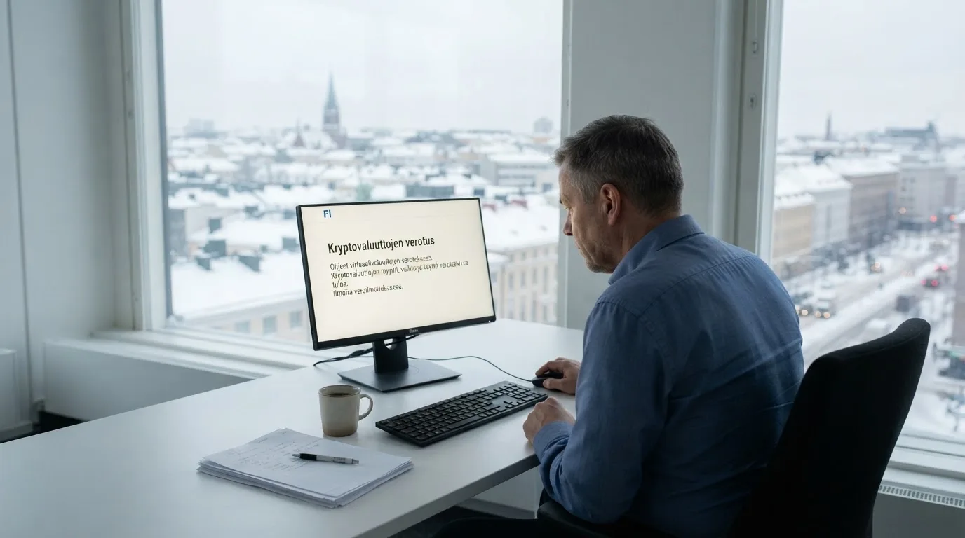 Virkailija istuu vaaleassa virastohuoneessa tietokoneen ääressä, ikkunasta näkyy talvinen kaupunkimaisema.
